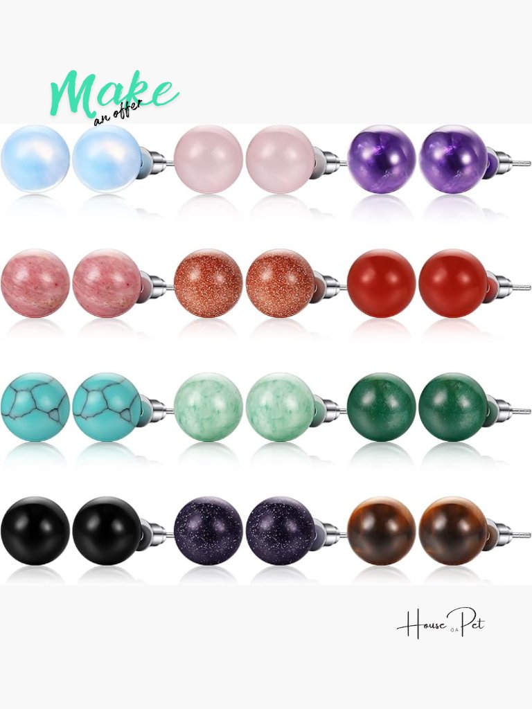 12 Pairs Natural Agate Stone Ball Stud Earrings Gemstone Crystal Jewelry